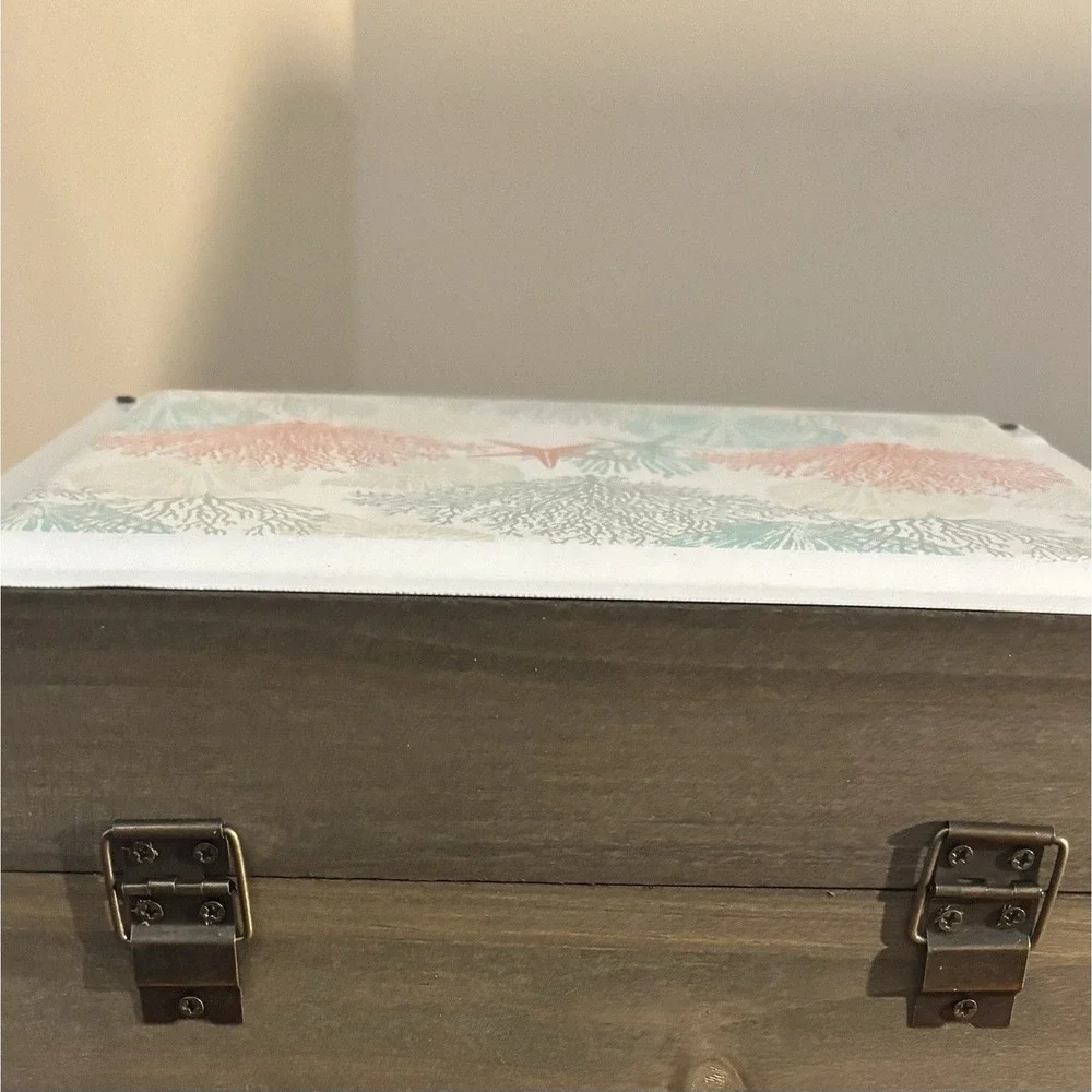 Coastal Set of 3 Wooden Decorative Storage Boxes w/ Lid, Nautical Floral Design